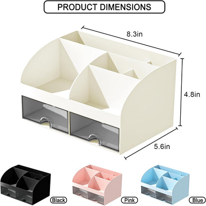 Desk Organizer with 6 Compartments and 2 Drawers, Plastic Makeup Organizer, Pen Holder for Desktop Storage, Desk Organization for School, Home, Office Supplies (White)
