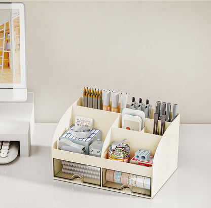Desk Organizer with 6 Compartments and 2 Drawers, Plastic Makeup Organizer, Pen Holder for Desktop Storage, Desk Organization for School, Home, Office Supplies (White)