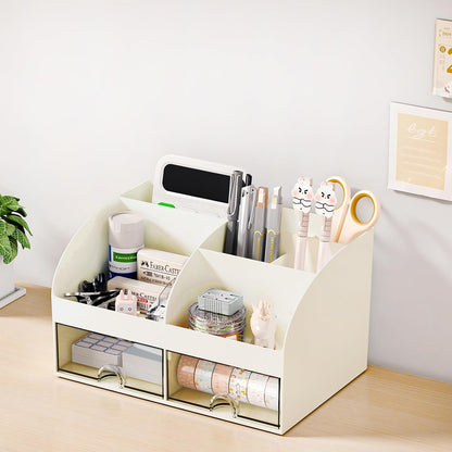 Desk Organizer with 6 Compartments and 2 Drawers, Plastic Makeup Organizer, Pen Holder for Desktop Storage, Desk Organization for School, Home, Office Supplies (White)