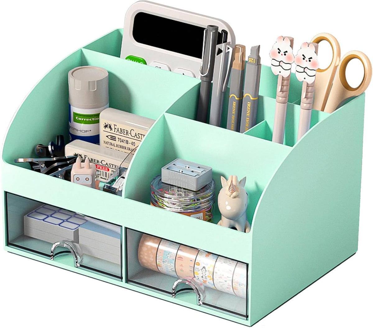 Desk Organizer with 6 Compartments and 2 Drawers, Plastic Makeup Organizer, Pen Holder for Desktop Storage, Desk Organization for School, Home, Office Supplies (White)