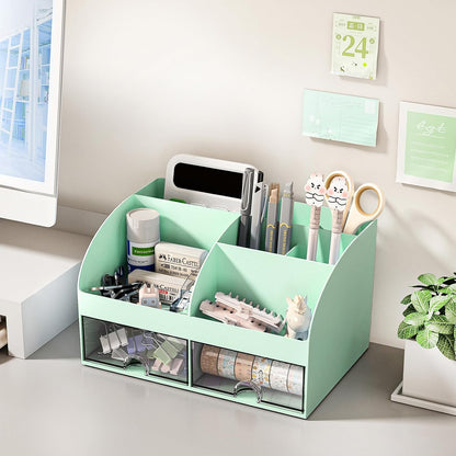 Desk Organizer with 6 Compartments and 2 Drawers, Plastic Makeup Organizer, Pen Holder for Desktop Storage, Desk Organization for School, Home, Office Supplies (White)