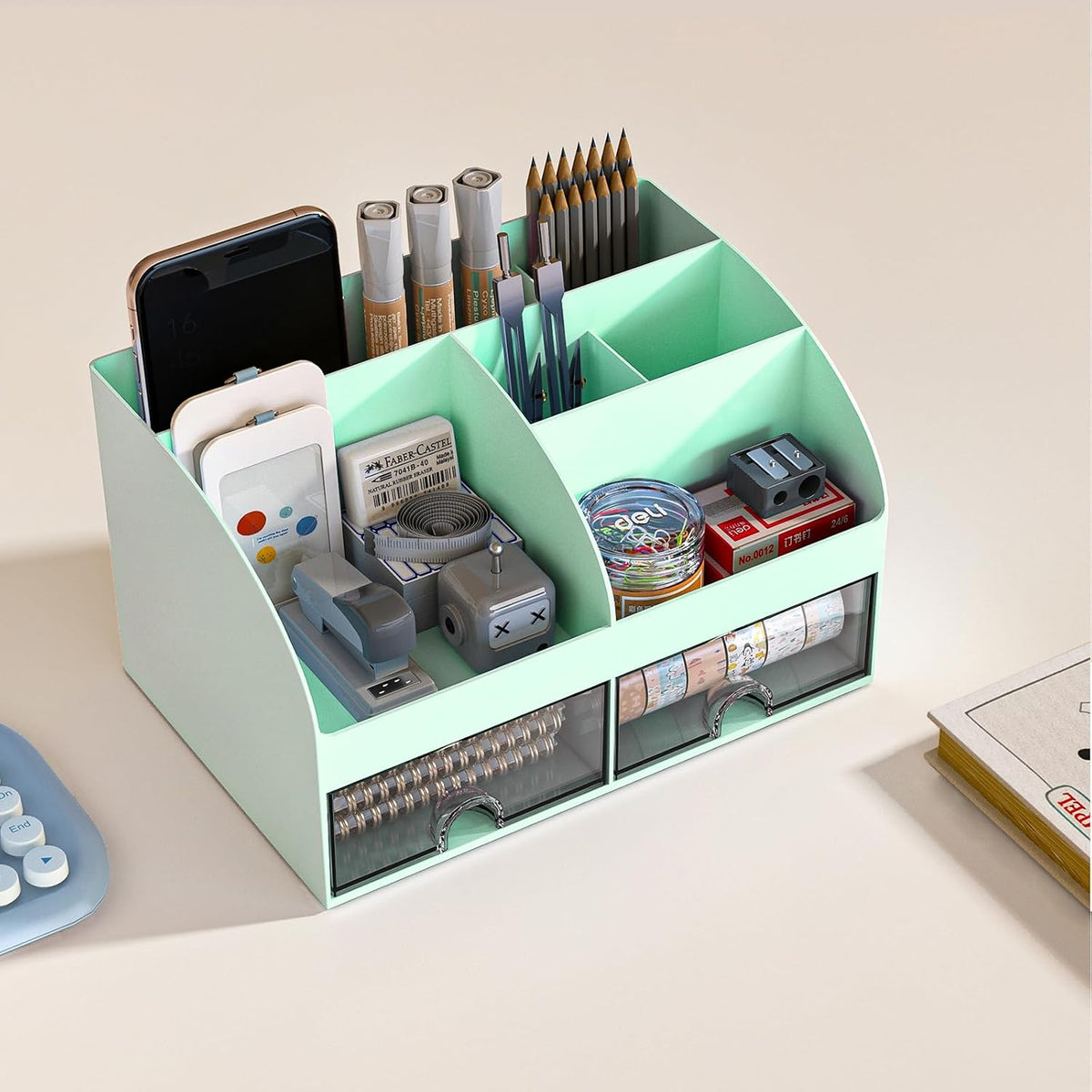 Desk Organizer with 6 Compartments and 2 Drawers, Plastic Makeup Organizer, Pen Holder for Desktop Storage, Desk Organization for School, Home, Office Supplies (White)
