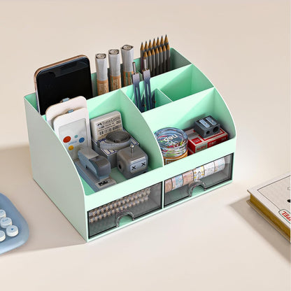 Desk Organizer with 6 Compartments and 2 Drawers, Plastic Makeup Organizer, Pen Holder for Desktop Storage, Desk Organization for School, Home, Office Supplies (White)