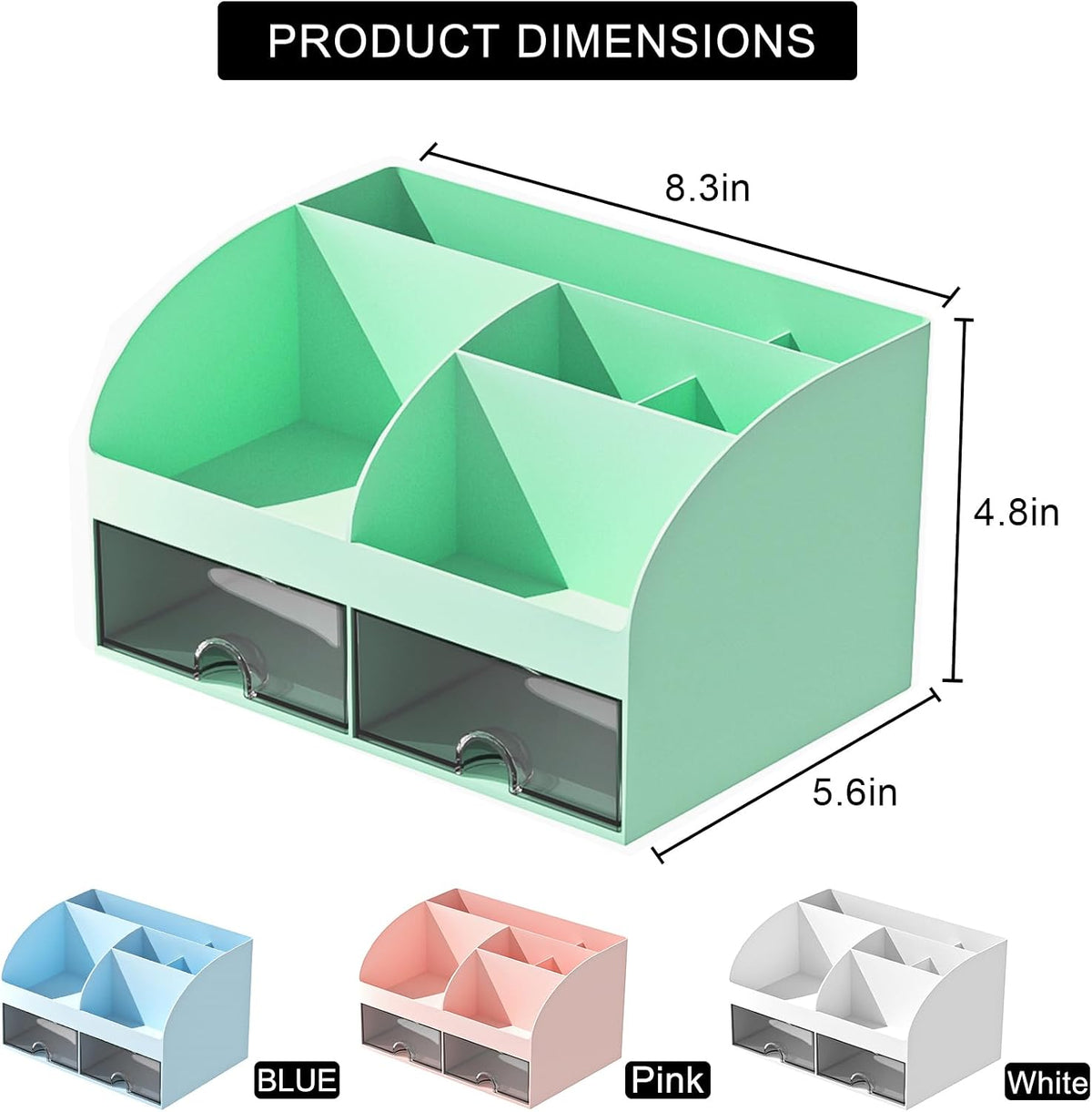 Desk Organizer with 6 Compartments and 2 Drawers, Plastic Makeup Organizer, Pen Holder for Desktop Storage, Desk Organization for School, Home, Office Supplies (White)