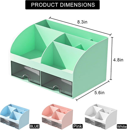 Desk Organizer with 6 Compartments and 2 Drawers, Plastic Makeup Organizer, Pen Holder for Desktop Storage, Desk Organization for School, Home, Office Supplies (White)