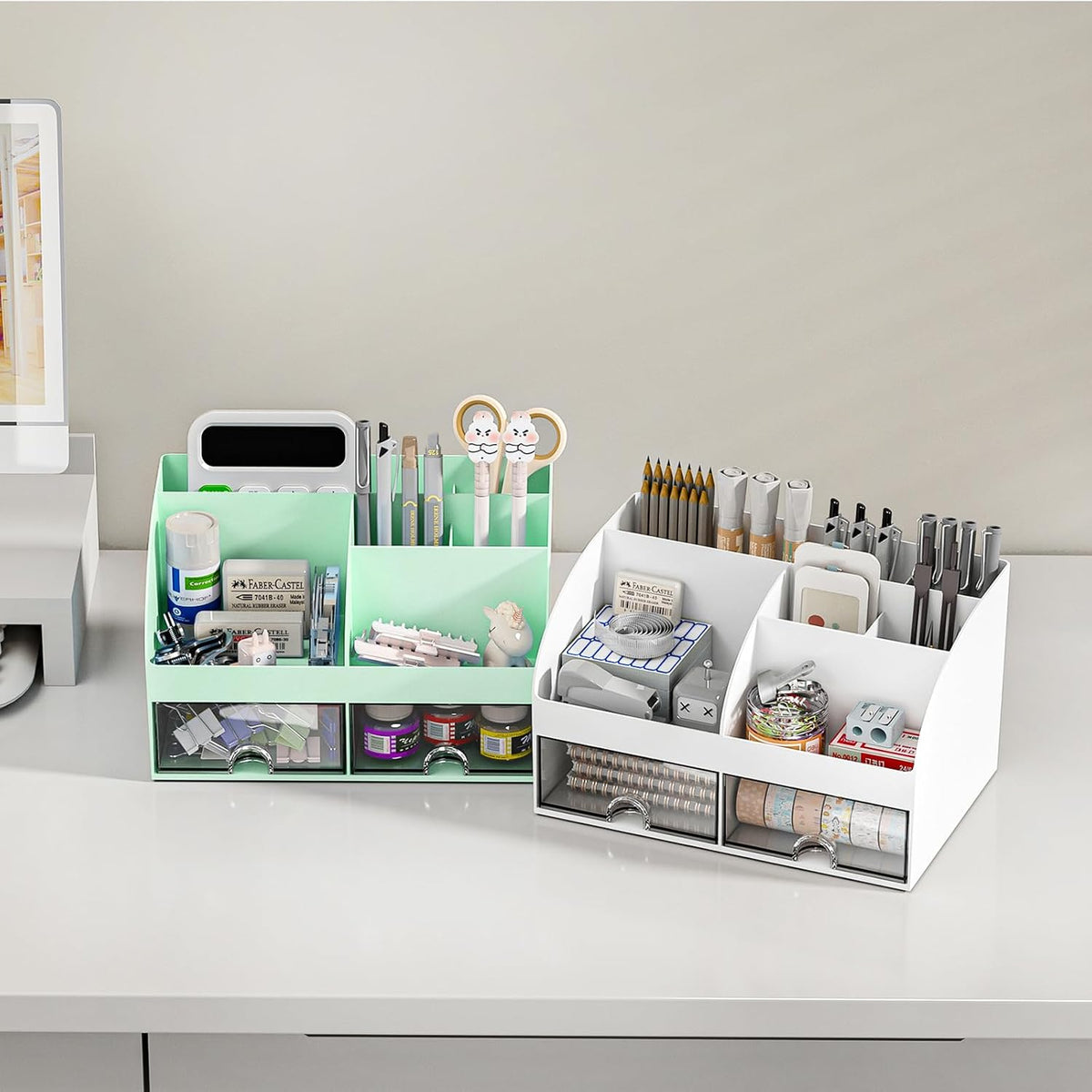 Desk Organizer with 6 Compartments and 2 Drawers, Plastic Makeup Organizer, Pen Holder for Desktop Storage, Desk Organization for School, Home, Office Supplies (White)