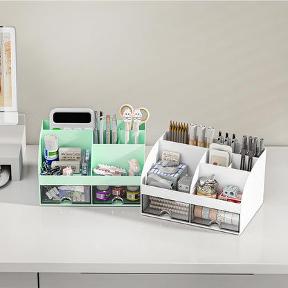 Desk Organizer with 6 Compartments and 2 Drawers, Plastic Makeup Organizer, Pen Holder for Desktop Storage, Desk Organization for School, Home, Office Supplies (White)