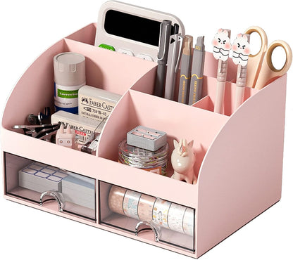 Desk Organizer with 6 Compartments and 2 Drawers, Plastic Makeup Organizer, Pen Holder for Desktop Storage, Desk Organization for School, Home, Office Supplies (White)