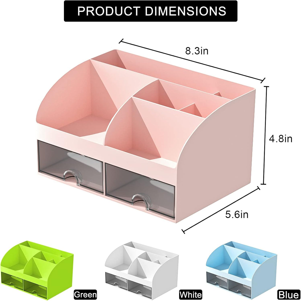 Desk Organizer with 6 Compartments and 2 Drawers, Plastic Makeup Organizer, Pen Holder for Desktop Storage, Desk Organization for School, Home, Office Supplies (White)