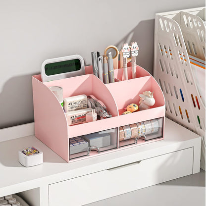 Desk Organizer with 6 Compartments and 2 Drawers, Plastic Makeup Organizer, Pen Holder for Desktop Storage, Desk Organization for School, Home, Office Supplies (White)