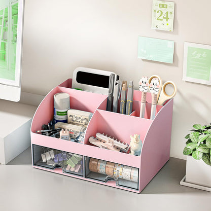 Desk Organizer with 6 Compartments and 2 Drawers, Plastic Makeup Organizer, Pen Holder for Desktop Storage, Desk Organization for School, Home, Office Supplies (White)