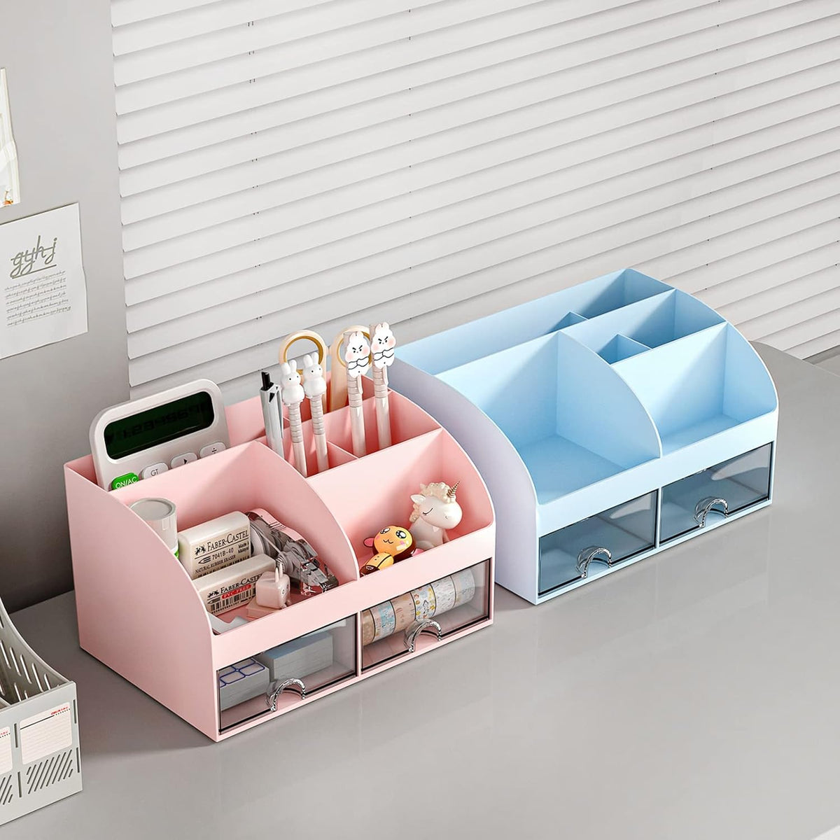 Desk Organizer with 6 Compartments and 2 Drawers, Plastic Makeup Organizer, Pen Holder for Desktop Storage, Desk Organization for School, Home, Office Supplies (White)