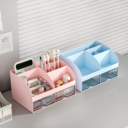 Desk Organizer with 6 Compartments and 2 Drawers, Plastic Makeup Organizer, Pen Holder for Desktop Storage, Desk Organization for School, Home, Office Supplies (White)