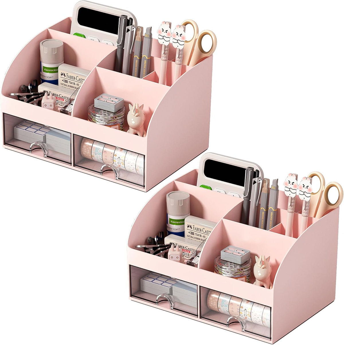 Desk Organizer with 6 Compartments and 2 Drawers, Plastic Makeup Organizer, Pen Holder for Desktop Storage, Desk Organization for School, Home, Office Supplies (White)