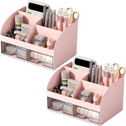 Desk Organizer with 6 Compartments and 2 Drawers, Plastic Makeup Organizer, Pen Holder for Desktop Storage, Desk Organization for School, Home, Office Supplies (White)