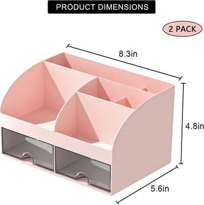 Desk Organizer with 6 Compartments and 2 Drawers, Plastic Makeup Organizer, Pen Holder for Desktop Storage, Desk Organization for School, Home, Office Supplies (White)