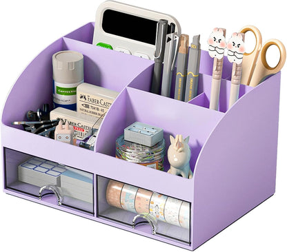 Desk Organizer with 6 Compartments and 2 Drawers, Plastic Makeup Organizer, Pen Holder for Desktop Storage, Desk Organization for School, Home, Office Supplies (White)