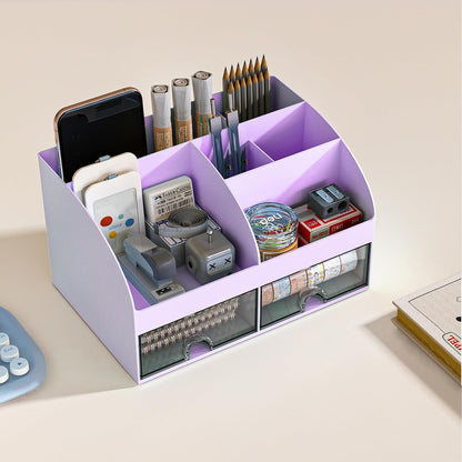 Desk Organizer with 6 Compartments and 2 Drawers, Plastic Makeup Organizer, Pen Holder for Desktop Storage, Desk Organization for School, Home, Office Supplies (White)