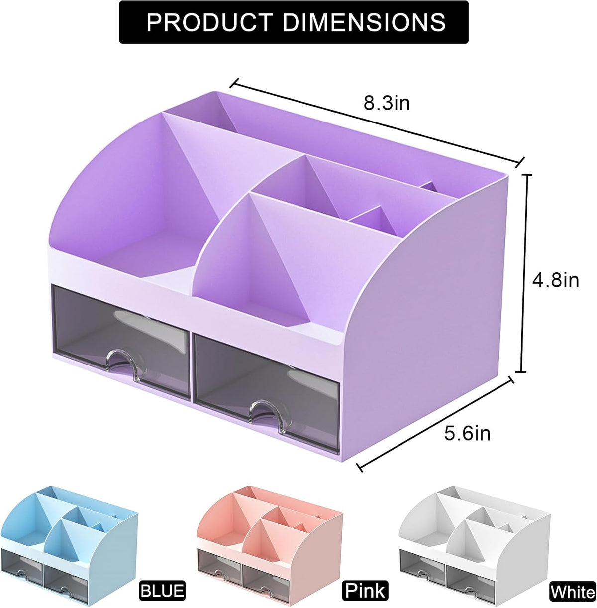 Desk Organizer with 6 Compartments and 2 Drawers, Plastic Makeup Organizer, Pen Holder for Desktop Storage, Desk Organization for School, Home, Office Supplies (White)