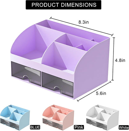 Desk Organizer with 6 Compartments and 2 Drawers, Plastic Makeup Organizer, Pen Holder for Desktop Storage, Desk Organization for School, Home, Office Supplies (White)