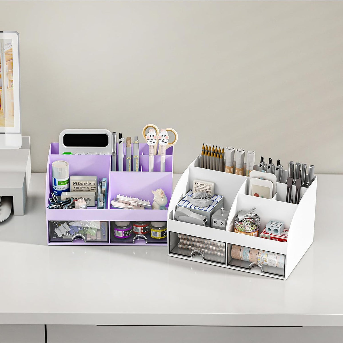 Desk Organizer with 6 Compartments and 2 Drawers, Plastic Makeup Organizer, Pen Holder for Desktop Storage, Desk Organization for School, Home, Office Supplies (White)