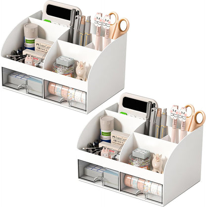 Desk Organizer with 6 Compartments and 2 Drawers, Plastic Makeup Organizer, Pen Holder for Desktop Storage, Desk Organization for School, Home, Office Supplies (White)
