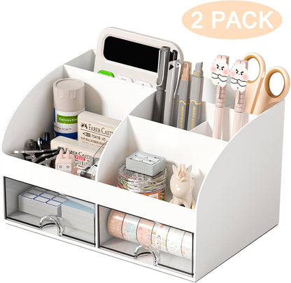 Desk Organizer with 6 Compartments and 2 Drawers, Plastic Makeup Organizer, Pen Holder for Desktop Storage, Desk Organization for School, Home, Office Supplies (White)