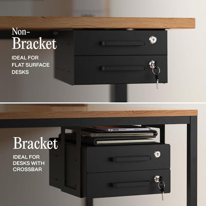 Under Desk Drawer Slide-Out – Lockable Metal Storage Drawers with Cable Management for Office & Home (Double, Non-Bracketed)