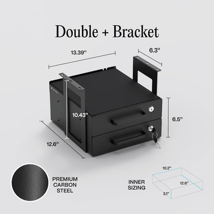 Under Desk Drawer Slide-Out – Lockable Metal Storage Drawers with Cable Management for Office & Home (Double, Non-Bracketed)