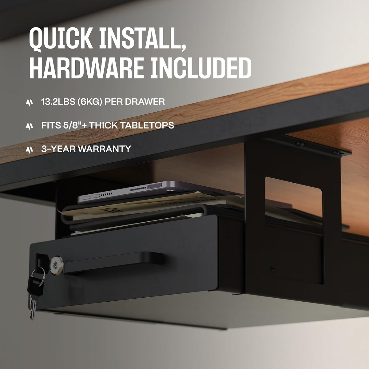 Under Desk Drawer Slide-Out – Lockable Metal Storage Drawers with Cable Management for Office & Home (Double, Non-Bracketed)