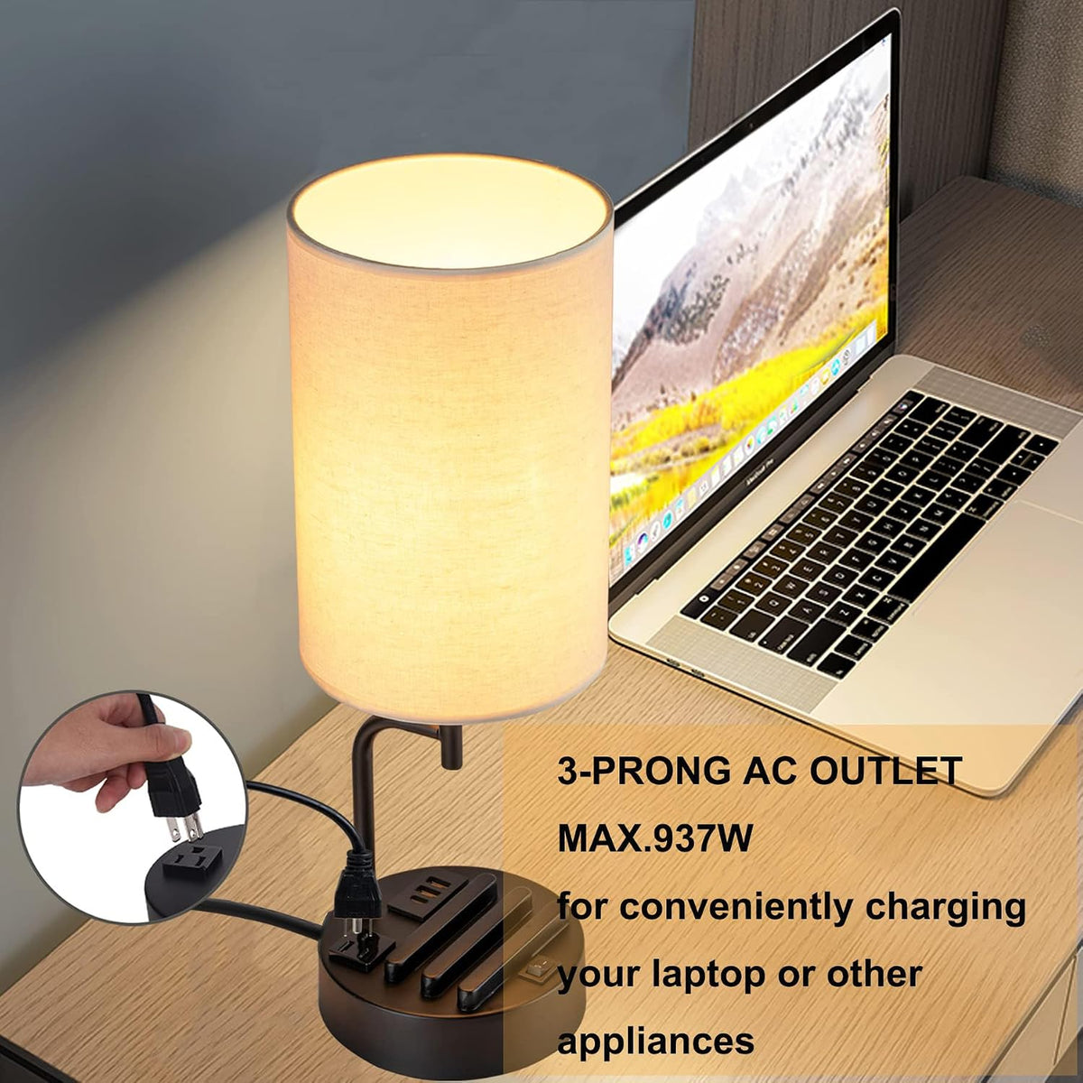 Table Lamp with 3 USB Charging Ports, Modern Desk Lamp with AC Outlet and Phone Stands, Perfect Bedside Lamp for Bedroom, Living Room, Office (Pack of 2), Cream