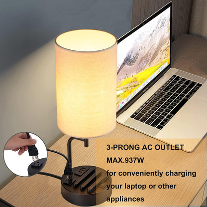 Table Lamp with 3 USB Charging Ports, Modern Desk Lamp with AC Outlet and Phone Stands, Perfect Bedside Lamp for Bedroom, Living Room, Office (Pack of 2), Cream