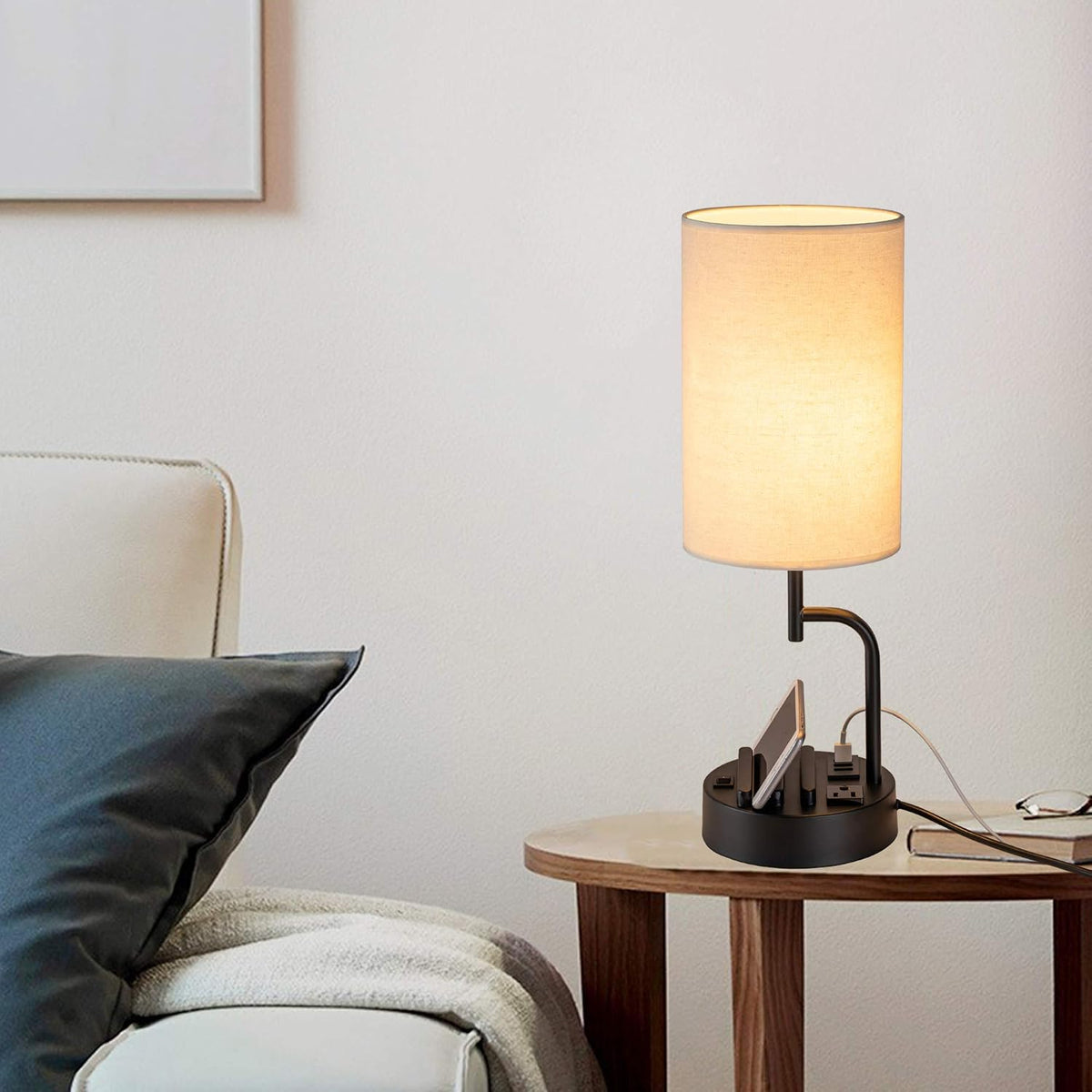 Table Lamp with 3 USB Charging Ports, Modern Desk Lamp with AC Outlet and Phone Stands, Perfect Bedside Lamp for Bedroom, Living Room, Office (Pack of 2), Cream