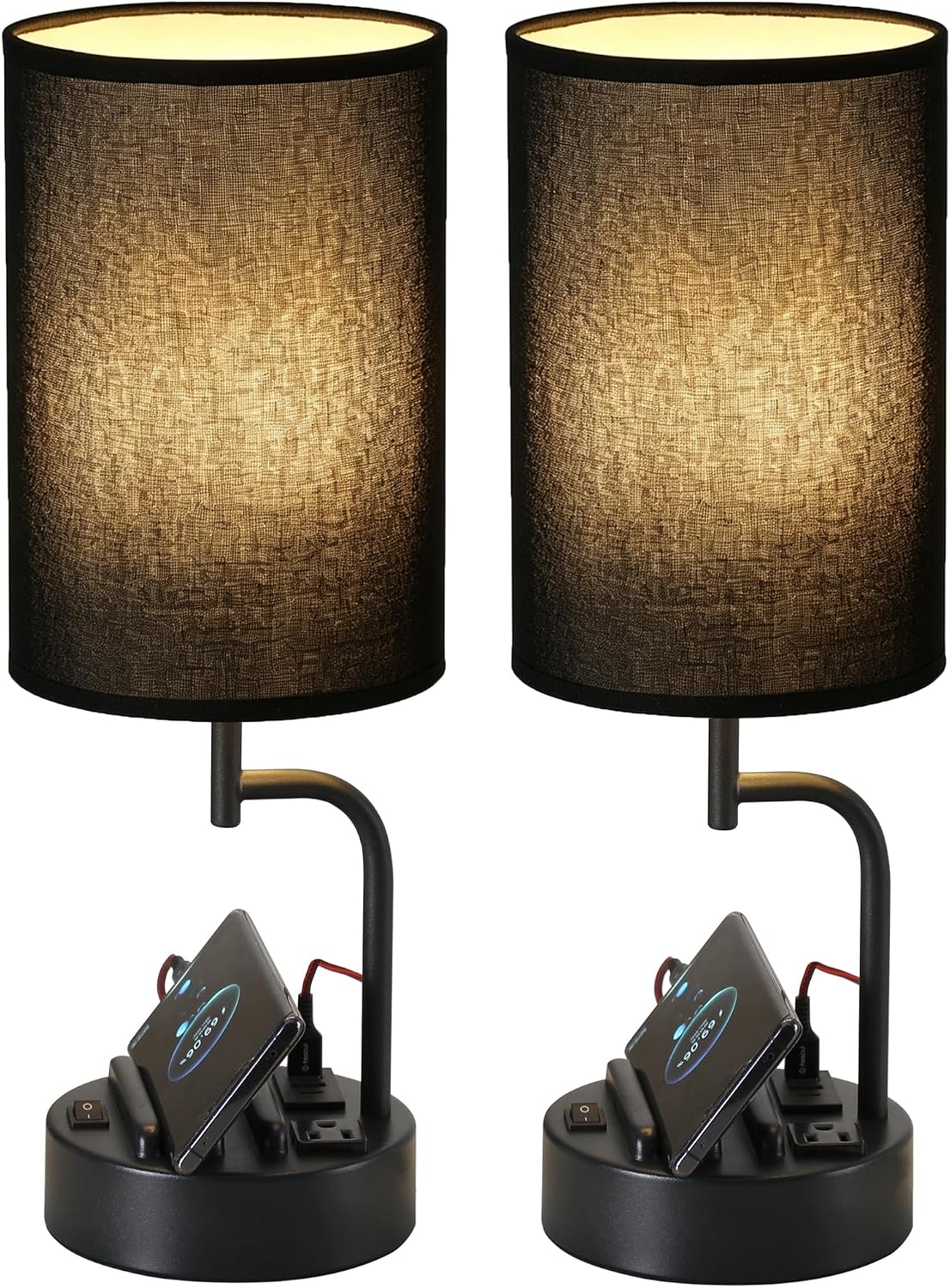 Table Lamp with 3 USB Charging Ports, Modern Desk Lamp with AC Outlet and Phone Stands, Perfect Bedside Lamp for Bedroom, Living Room, Office (Pack of 2), Cream
