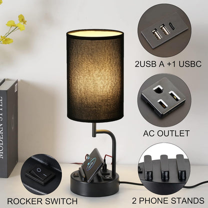Table Lamp with 3 USB Charging Ports, Modern Desk Lamp with AC Outlet and Phone Stands, Perfect Bedside Lamp for Bedroom, Living Room, Office (Pack of 2), Cream