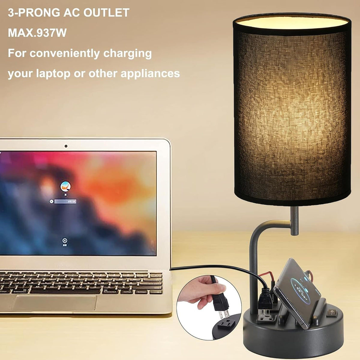 Table Lamp with 3 USB Charging Ports, Modern Desk Lamp with AC Outlet and Phone Stands, Perfect Bedside Lamp for Bedroom, Living Room, Office (Pack of 2), Cream
