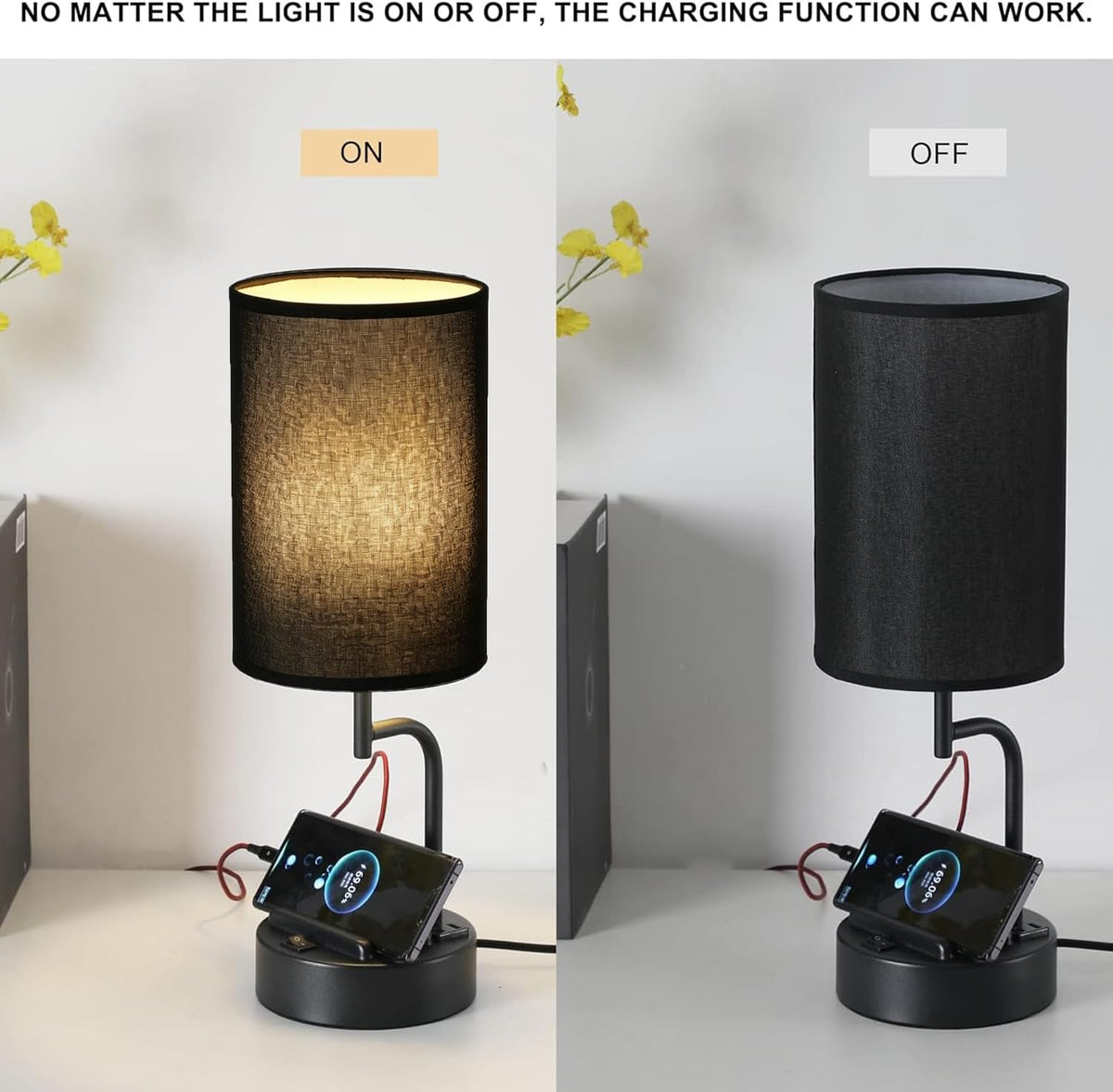 Table Lamp with 3 USB Charging Ports, Modern Desk Lamp with AC Outlet and Phone Stands, Perfect Bedside Lamp for Bedroom, Living Room, Office (Pack of 2), Cream