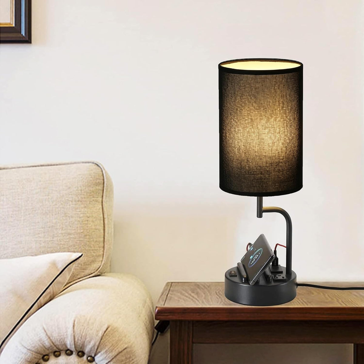 Table Lamp with 3 USB Charging Ports, Modern Desk Lamp with AC Outlet and Phone Stands, Perfect Bedside Lamp for Bedroom, Living Room, Office (Pack of 2), Cream