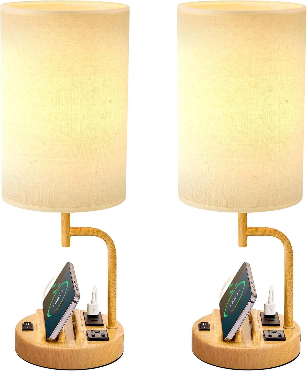 Table Lamp with 3 USB Charging Ports, Modern Desk Lamp with AC Outlet and Phone Stands, Perfect Bedside Lamp for Bedroom, Living Room, Office (Pack of 2), Cream