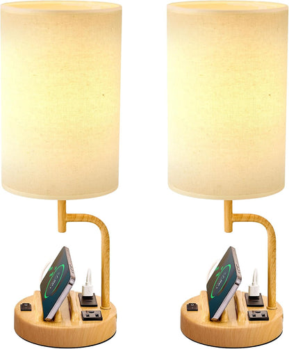 Table Lamp with 3 USB Charging Ports, Modern Desk Lamp with AC Outlet and Phone Stands, Perfect Bedside Lamp for Bedroom, Living Room, Office (Pack of 2), Cream