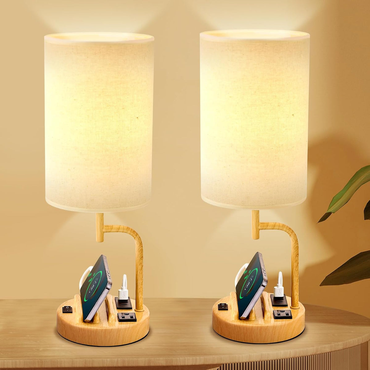 Table Lamp with 3 USB Charging Ports, Modern Desk Lamp with AC Outlet and Phone Stands, Perfect Bedside Lamp for Bedroom, Living Room, Office (Pack of 2), Cream