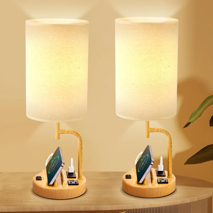Table Lamp with 3 USB Charging Ports, Modern Desk Lamp with AC Outlet and Phone Stands, Perfect Bedside Lamp for Bedroom, Living Room, Office (Pack of 2), Cream