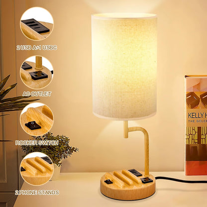Table Lamp with 3 USB Charging Ports, Modern Desk Lamp with AC Outlet and Phone Stands, Perfect Bedside Lamp for Bedroom, Living Room, Office (Pack of 2), Cream