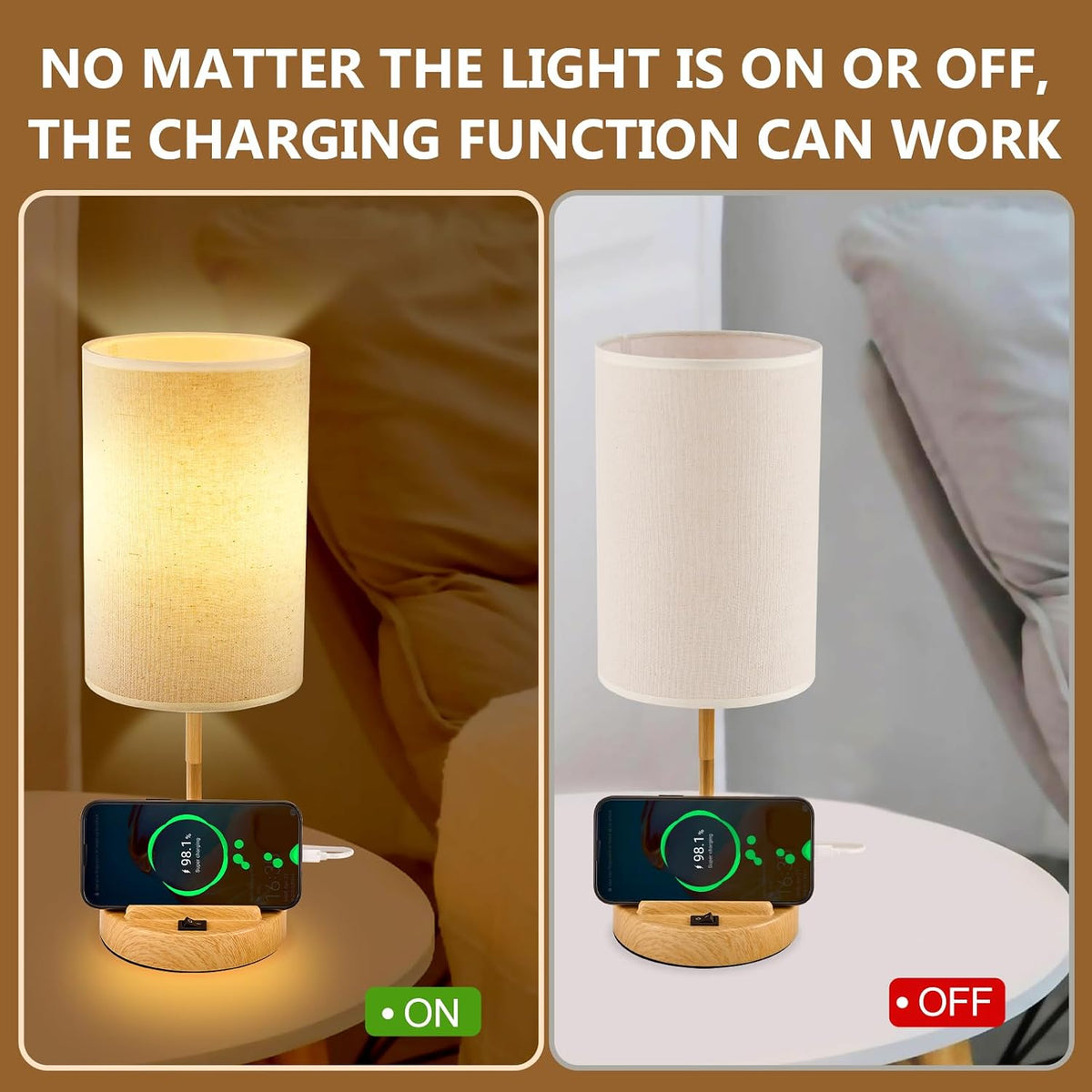 Table Lamp with 3 USB Charging Ports, Modern Desk Lamp with AC Outlet and Phone Stands, Perfect Bedside Lamp for Bedroom, Living Room, Office (Pack of 2), Cream