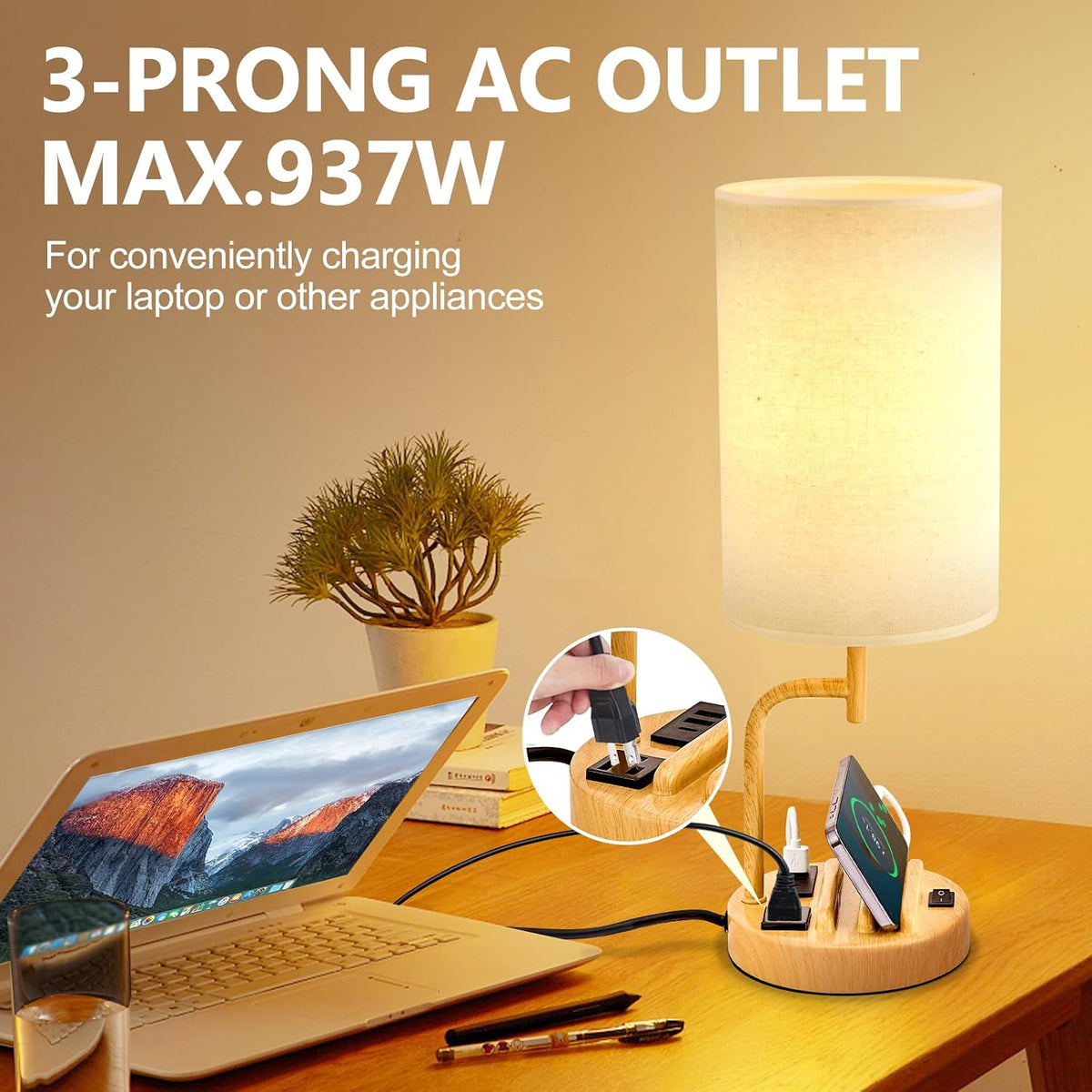 Table Lamp with 3 USB Charging Ports, Modern Desk Lamp with AC Outlet and Phone Stands, Perfect Bedside Lamp for Bedroom, Living Room, Office (Pack of 2), Cream
