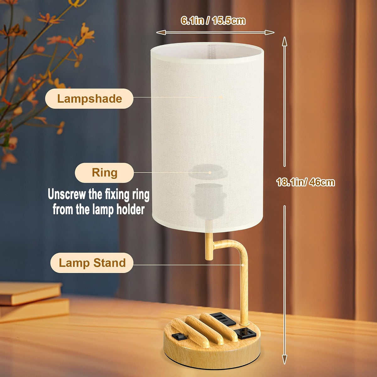 Table Lamp with 3 USB Charging Ports, Modern Desk Lamp with AC Outlet and Phone Stands, Perfect Bedside Lamp for Bedroom, Living Room, Office (Pack of 2), Cream