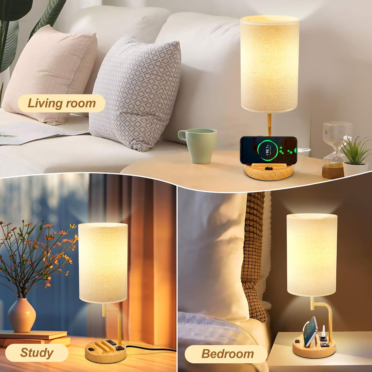 Table Lamp with 3 USB Charging Ports, Modern Desk Lamp with AC Outlet and Phone Stands, Perfect Bedside Lamp for Bedroom, Living Room, Office (Pack of 2), Cream