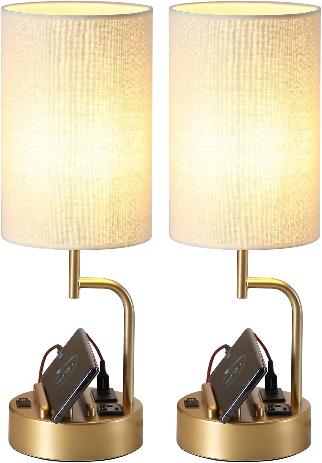 Table Lamp with 3 USB Charging Ports, Modern Desk Lamp with AC Outlet and Phone Stands, Perfect Bedside Lamp for Bedroom, Living Room, Office (Pack of 2), Cream