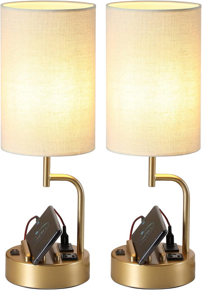 Table Lamp with 3 USB Charging Ports, Modern Desk Lamp with AC Outlet and Phone Stands, Perfect Bedside Lamp for Bedroom, Living Room, Office (Pack of 2), Cream