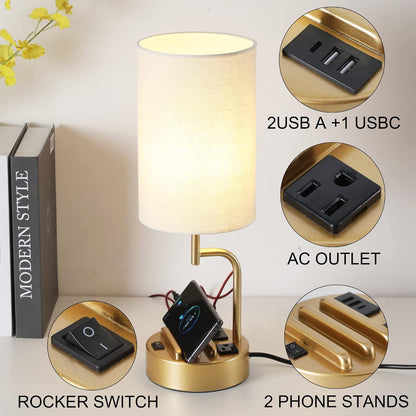 Table Lamp with 3 USB Charging Ports, Modern Desk Lamp with AC Outlet and Phone Stands, Perfect Bedside Lamp for Bedroom, Living Room, Office (Pack of 2), Cream